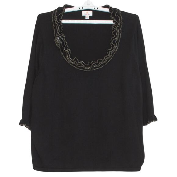 Quacker Factory Sweater 3/4 Sleeve Sophisticated Cozy Ruffle Metallic Black 3X - Picture 1 of 7